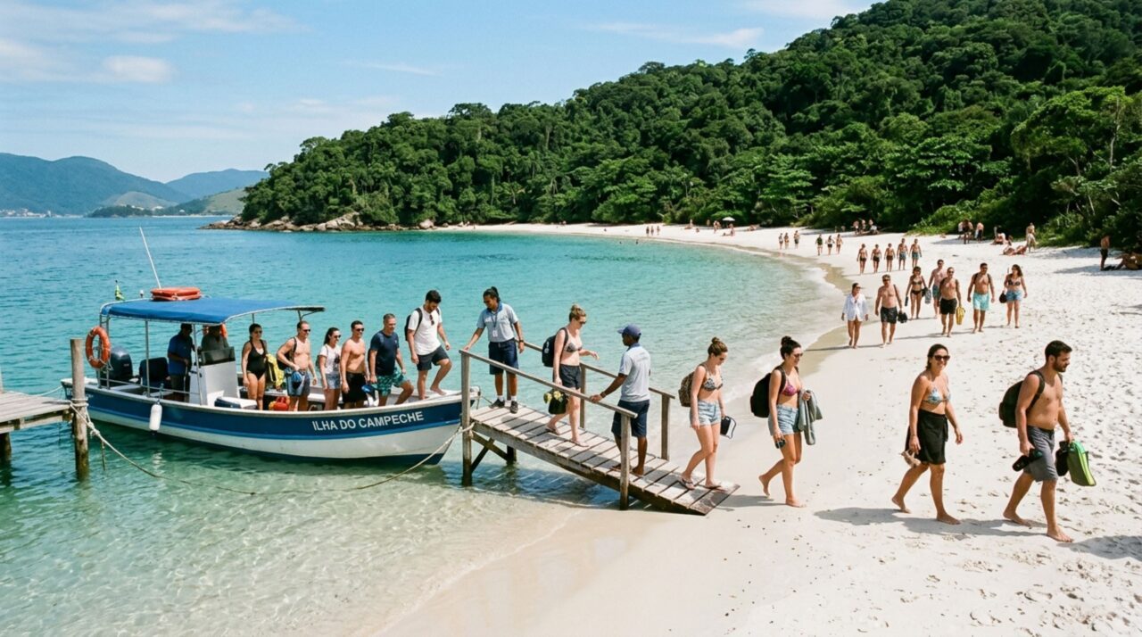 Desembarque de passageiros na areia da Ilha do Campeche