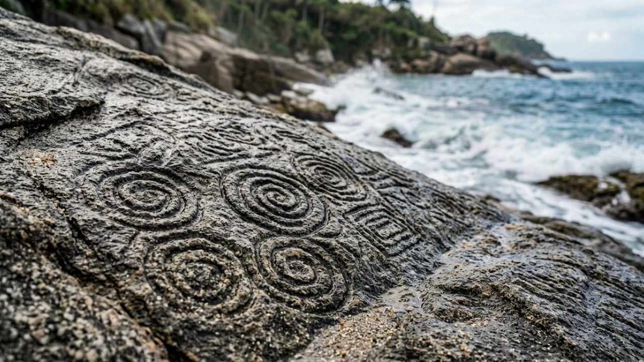 Petróglifos em espiral no costão da Ilha do Campeche