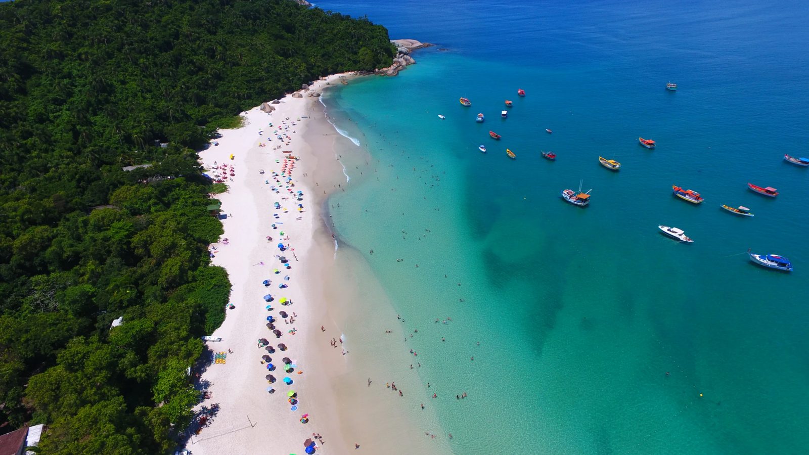 Faixa de areia da Ilha do Campeche em dia de alta temporada